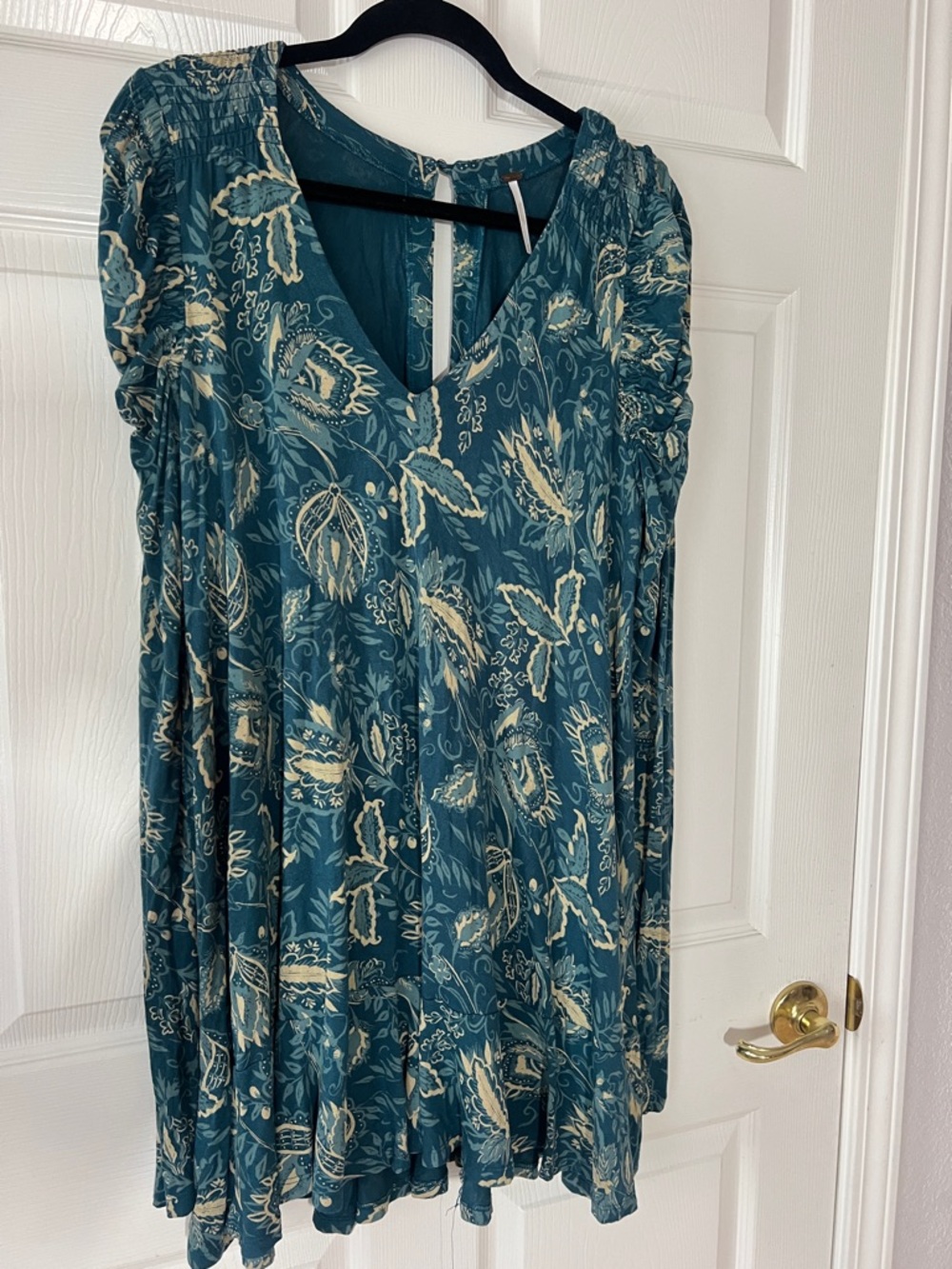 Free‎ People Hello Lover Long Sleeve Tunic Dress Teal & Cream, Sz Medium